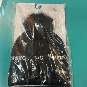 Madden  NYC Black Knit Hat with Faux Fur Pom and gloves